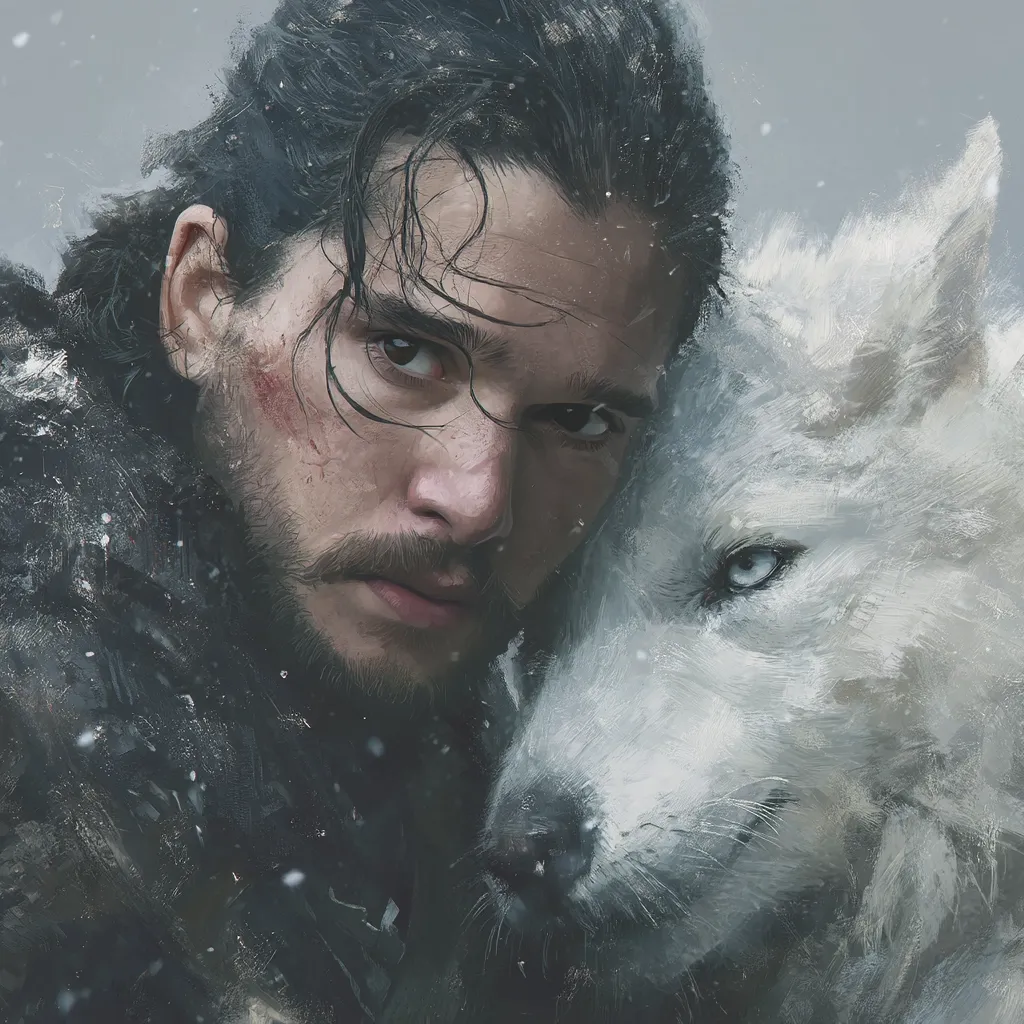 A striking portrait depicts Jon Snow, his face bearing the marks of battle, in close embrace with his direwolf.  Snow's intense gaze meets the viewer's, while the wolf's icy blue eyes peer from behind.  The painting's muted palette and textured brushstrokes evoke a cold, wintry atmosphere, enhancing the sense of loyalty and shared hardship.  Snow's dark hair and fur-trimmed clothing blend seamlessly with the wolf's white coat.