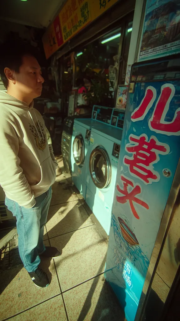 A man in a light beige hoodie and blue jeans stands in a laundromat.  Rows of light blue washing machines are visible, along with a vending machine displaying Chinese characters. The laundromat appears to be in a bustling Asian city, indicated by signage and street views seen through the shop windows. The image has a slightly vintage, film-like quality.
