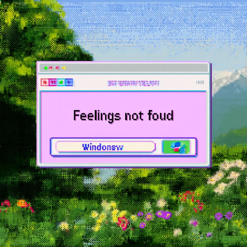 A pixel art image depicts a Windows-style error message reading "Feelings not found" against a backdrop of a vibrant, pixelated landscape.  The scene features lush greenery, colorful flowers, and a tranquil lake, creating a juxtaposition between the emotional emptiness of the message and the beauty of nature. The overall aesthetic is reminiscent of 8-bit or early computer graphics.