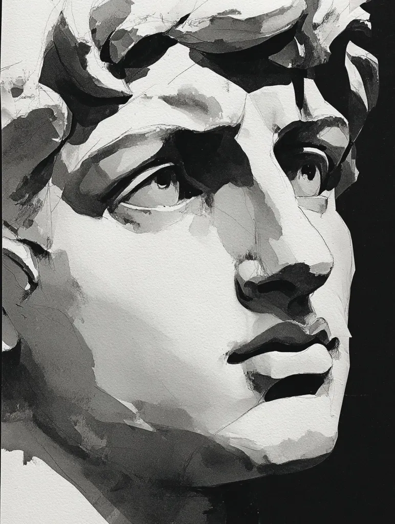 A black and white watercolor painting depicts a close-up view of a sculpted head, possibly inspired by Michelangelo's David. The style is expressive and painterly, with visible brushstrokes emphasizing the texture and form of the face.  The subject's gaze is directed upward, conveying a sense of contemplation or longing.  The contrast between light and shadow creates depth and highlights the classical features.