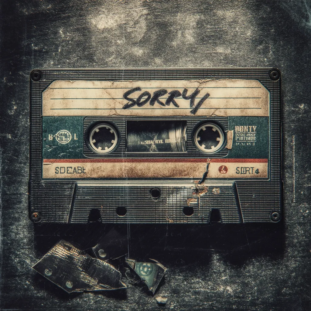 A worn-out audio cassette tape lies on a dark, textured surface.  The tape's label is faded and cracked, with the word "SORRY" scrawled across it.  Pieces of broken cassette tape are scattered nearby, adding to the overall sense of age and decay.  The image evokes a feeling of nostalgia and loss.  Small text on the cassette indicates the artist and title, suggesting it might be a promotional piece.