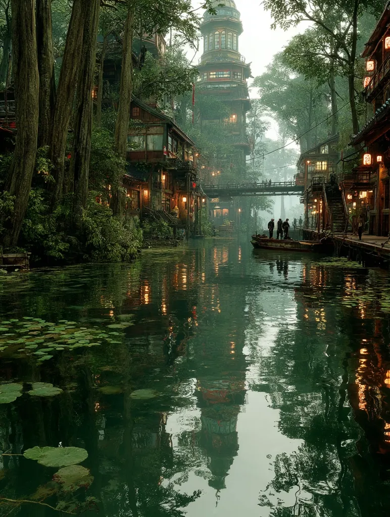 A tranquil canal winds through a lush, overgrown city.  Ancient-looking buildings line the waterway, their wooden structures adorned with lanterns.  A tall tower stands as a central landmark, reflected in the calm, dark green water.  People are seen in a small boat, adding a touch of life to the serene, almost mystical scene.  Lush vegetation drapes over buildings, creating a vibrant and mysterious atmosphere.