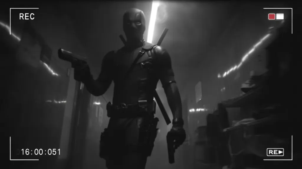A black and white security camera recording shows Deadpool, in a dark hallway, holding a handgun and katana.  He's clad in his signature suit, the timestamp reads 16:00:051. The dimly lit corridor suggests a clandestine operation. The overall mood is serious and intense, enhancing the mystery surrounding Deadpool's actions.