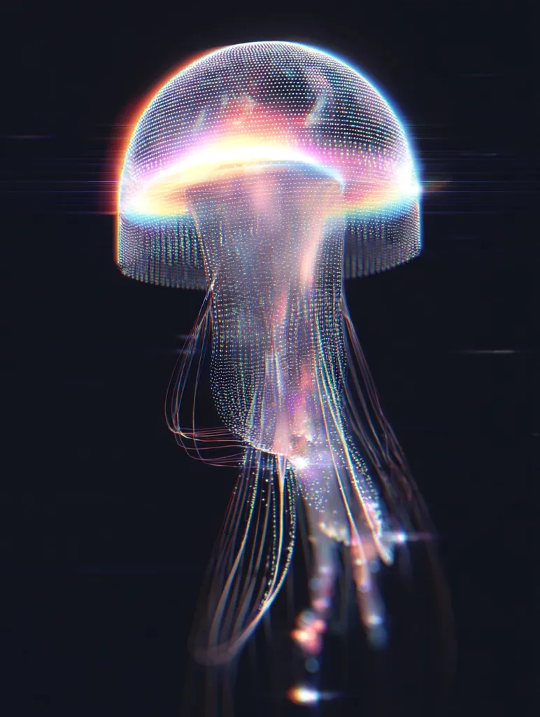 A digital rendering of a jellyfish, its bell a shimmering sphere of light, composed of countless points of light.  Rainbow hues radiate from its center, trailing down into long, delicate tendrils that subtly glow. The dark background emphasizes the ethereal quality of this bioluminescent, otherworldly creature.  The image suggests a blend of nature and technology.