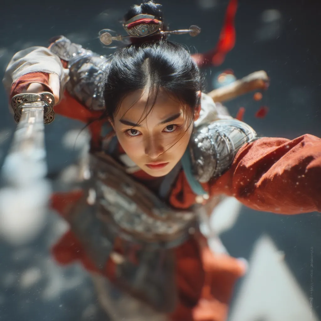 A young woman, clad in ornate, reddish-brown armor and traditional East Asian attire, grips a sword with intense focus. Her dark hair is styled in a neat bun adorned with delicate accessories.  The low angle shot emphasizes her determined expression and creates a dynamic, action-oriented image. Dust motes dance in the air around her, suggesting movement and conflict.