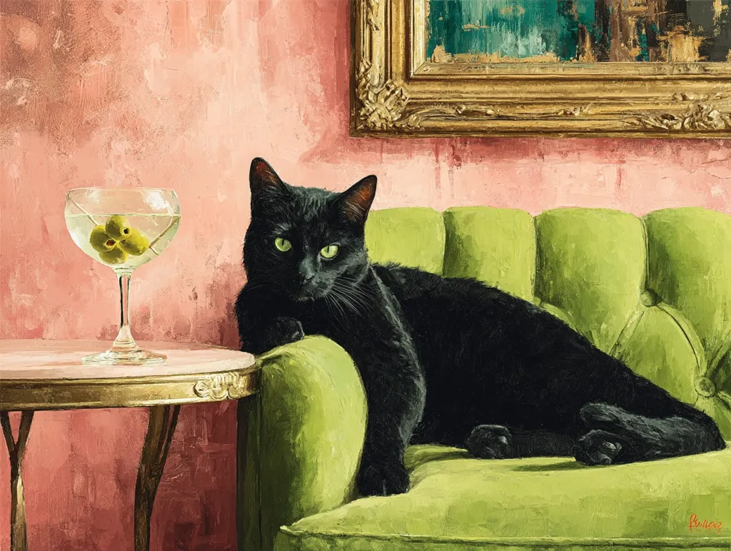 A painting depicts a sleek black cat lounging on a lime-green velvet sofa.  A martini glass with olives rests on a nearby gold-legged side table. The backdrop is a textured, pale pink wall with a gold-framed painting hanging above the sofa. The scene is sophisticated and subtly humorous, suggesting a moment of refined feline leisure.  The style is realistic with visible brushstrokes.