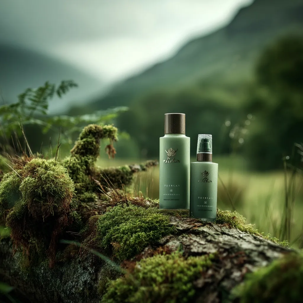 Two Pipican skincare products, a body wash and a facial oil, rest on a moss-covered log.  The serene backdrop features a softly blurred mountainous landscape, emphasizing the natural and organic aspects of the products.  The bottles are sleek and minimalist, featuring a muted green hue consistent with the overall natural aesthetic.