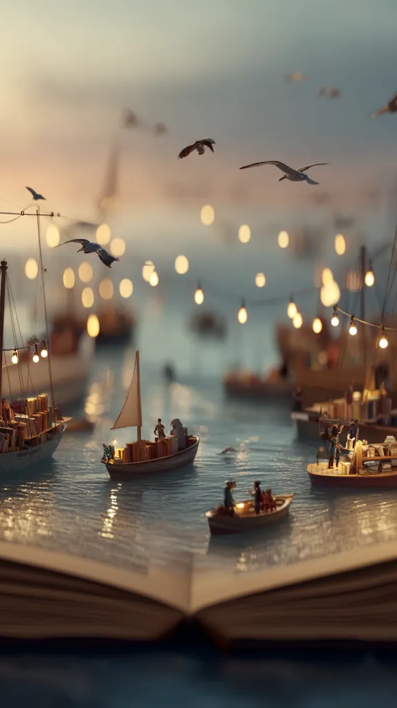 A miniature harbor scene unfolds from the pages of an open book.  Tiny ships, laden with cargo and carrying miniature people, are illuminated by warm string lights strung across the water.  Seagulls fly overhead against a soft, dusky sky.  The image evokes a sense of whimsical adventure and storytelling.