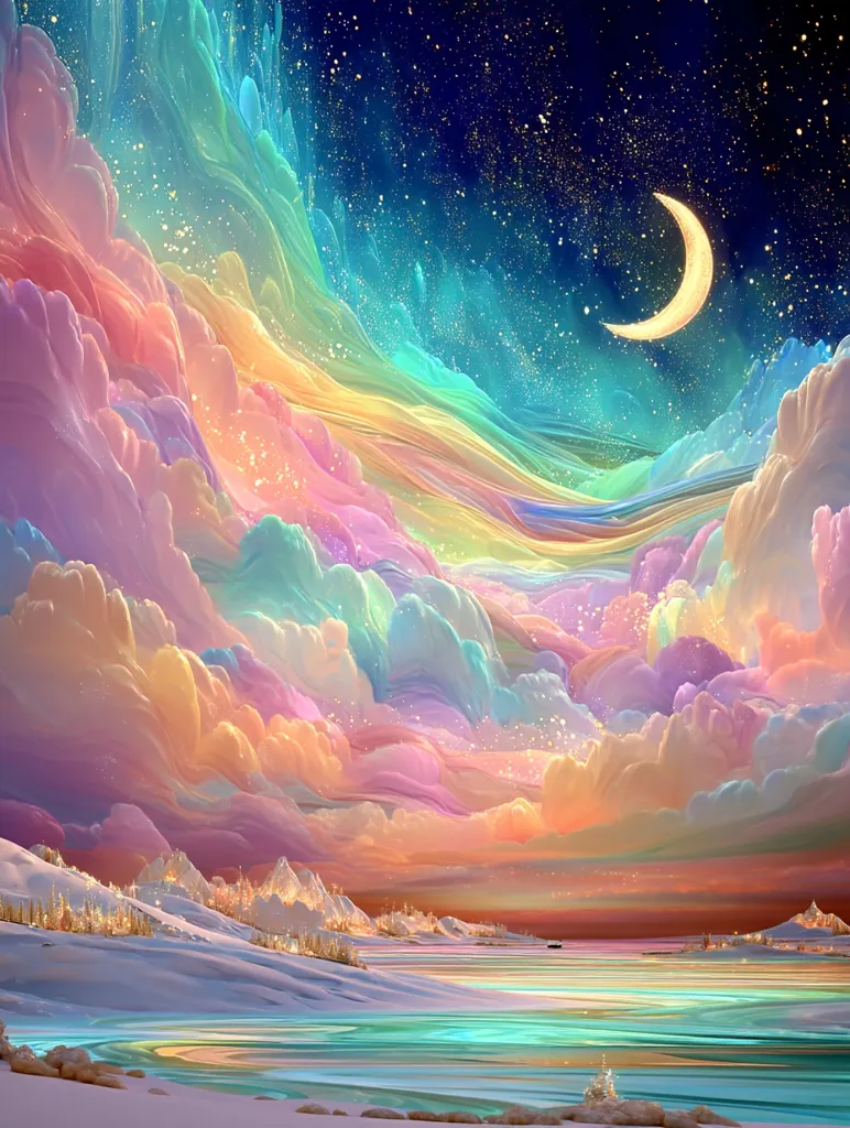 A crescent moon hangs in a pastel sky filled with iridescent clouds.  Below, a serene landscape of snow-covered mountains and a calm, turquoise lake stretches to the horizon. The scene is dreamlike and fantastical, with a soft, ethereal quality.  Tiny sparkling lights are scattered throughout the clouds and sky, adding to the magical atmosphere.