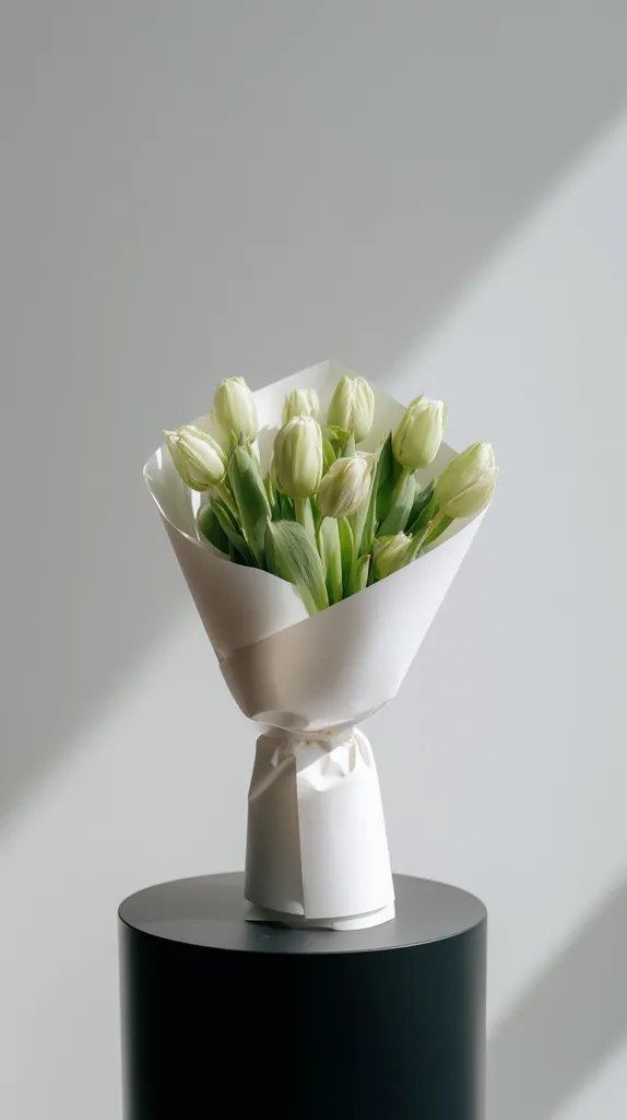 A simple yet elegant bouquet of pale green tulips is presented in a pristine white paper wrap.  The bouquet sits on a dark cylindrical pedestal against a minimalist white backdrop, creating a clean and modern aesthetic.  The soft light casts a gentle shadow, enhancing the delicate beauty of the flowers.