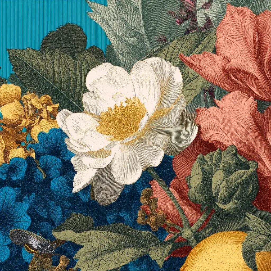 A vibrant botanical illustration showcases a rich array of flowers.  A prominent creamy white bloom takes center stage, surrounded by deep teal hydrangeas, coral-toned hibiscus, and golden yellow blossoms.  Intricate detailing highlights the textures of petals and leaves, contrasted against a teal background.  A moth rests subtly near the bottom, adding a touch of whimsy to this detailed floral composition.  A hint of lemon is visible in the lower right corner.