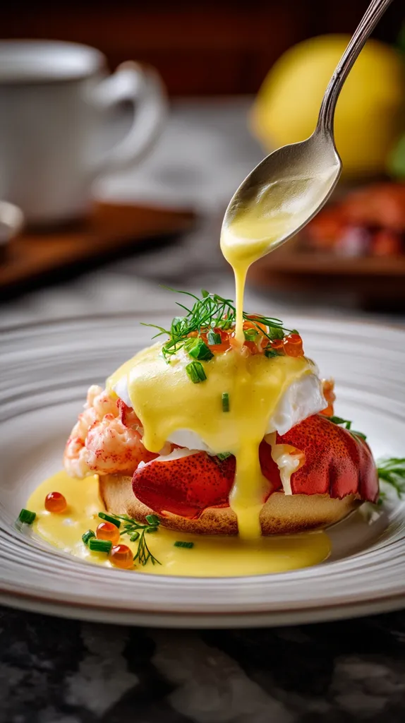 A delectable lobster eggs Benedict is presented on a plate.  A spoon drizzles a rich, yellow hollandaise sauce over the poached eggs, nestled atop toasted English muffins with succulent lobster meat.  Garnished with fresh dill, chives, and vibrant red caviar, this dish is a luxurious and visually appealing culinary masterpiece.