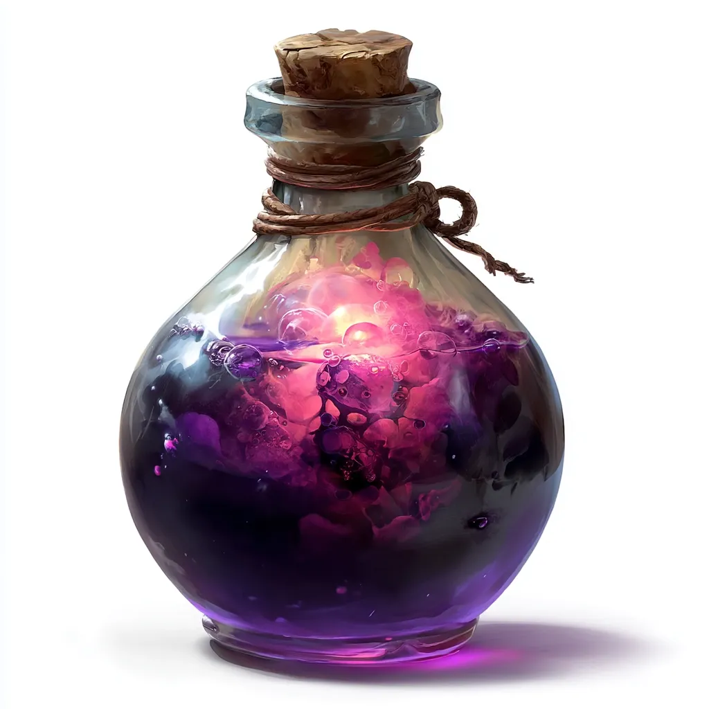 A round glass bottle with a cork stopper and twine is depicted.  Inside, a vibrant purple liquid glows with an inner pinkish light, suggesting magical properties.  Bubbles rise within the potion, adding to its mystical appearance. The bottle sits on a white background, casting a slight shadow.