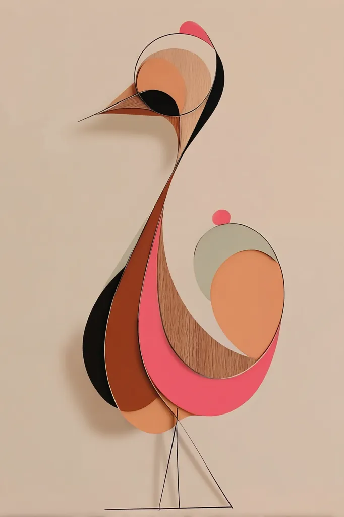 An abstract artwork depicting a stylized bird.  The bird's form is created using layered, curved shapes in various warm tones of pink, orange, brown, and black, set against a light beige background. The bird stands on thin, black legs, giving it a mid-century modern aesthetic. The piece is crafted with a sophisticated simplicity, emphasizing shape and color over detail.