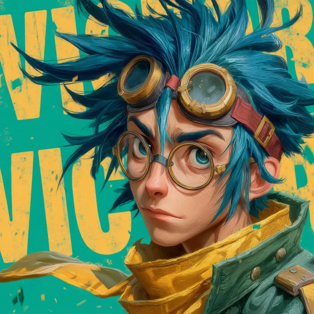 A stylized portrait of a young boy with vibrant blue hair, wearing round glasses and goggles.  His expression is serious and intense. He's dressed in a yellow scarf and green jacket, suggesting a blend of adventurous and intellectual styles. The background features a bold, textured, yellow and teal color scheme with partially visible lettering. The overall style is painterly and digitally rendered, with a focus on expressive features and bold colors.