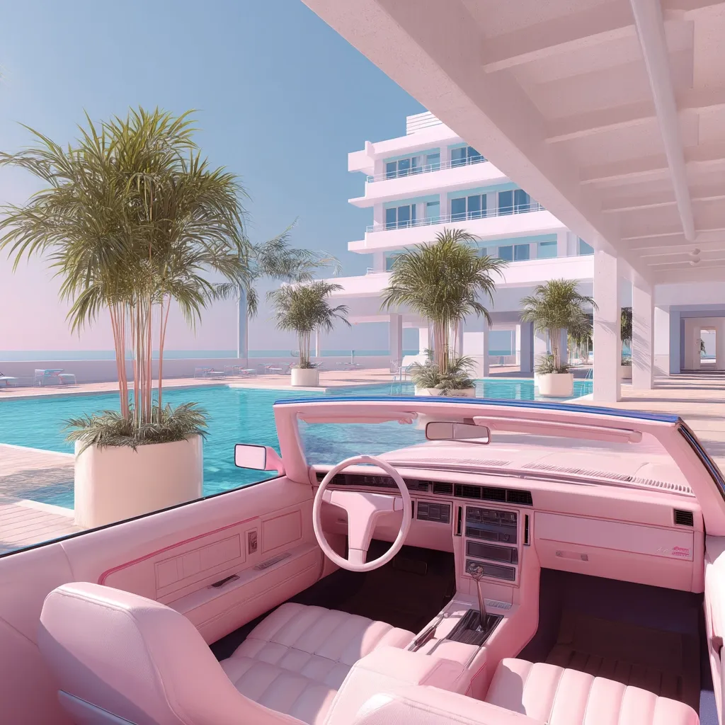 A pastel pink convertible car sits parked overlooking a turquoise swimming pool.  Palm trees surround the pool area, which is adjacent to a modern, white building. The scene evokes a dreamy, luxurious, and vintage aesthetic, reminiscent of 1980s Miami. The ocean is visible in the distance, completing the idyllic tropical setting.