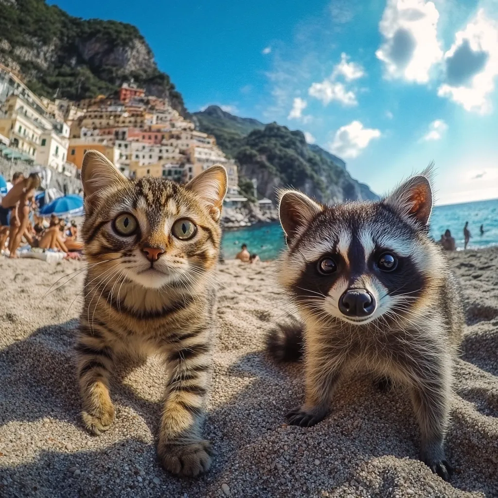 A tabby kitten and a raccoon sit side-by-side on a sandy beach, gazing directly at the camera.  The vibrant background features a picturesque Italian coastal town clinging to a cliffside, with turquoise water and a sunny sky.  The animals appear relaxed and curious, creating a charming and unexpected scene.