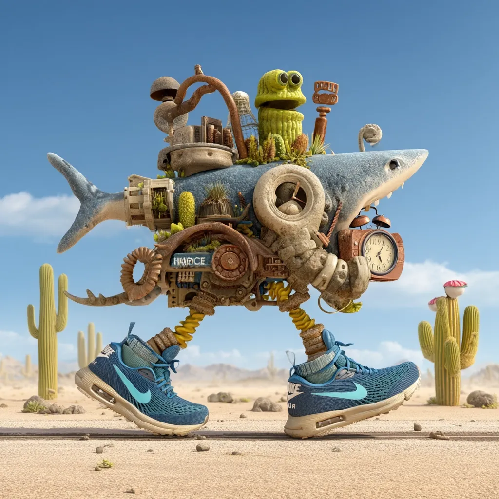 A whimsical 3D rendering depicts a shark-shaped contraption walking across a desert landscape.  The shark is adorned with various found objects, including a clock, tires, and a small puppet, creating a steampunk aesthetic.  It has spindly yellow legs ending in Nike Air Max shoes. Cacti flank the creature, adding to the surreal desert setting. The overall style is playful and imaginative.