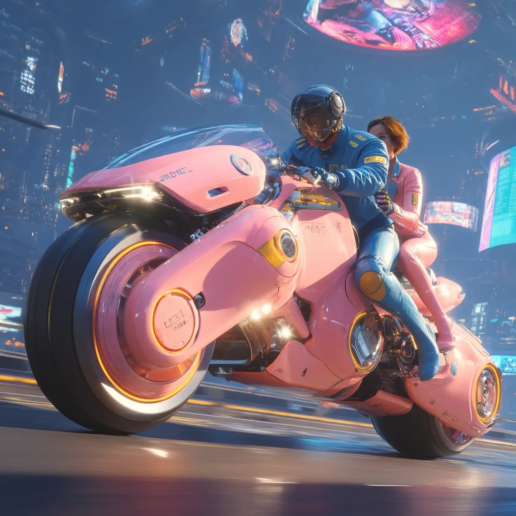 A futuristic pink motorcycle speeds through a vibrant cityscape at night.  Two figures in sleek, futuristic attire ride the bike, the driver wearing a helmet and the passenger seated behind.  The city's architecture is a blend of towering structures and neon lights, creating a dynamic and visually striking backdrop. The overall aesthetic is one of cyberpunk and high-tech fantasy.