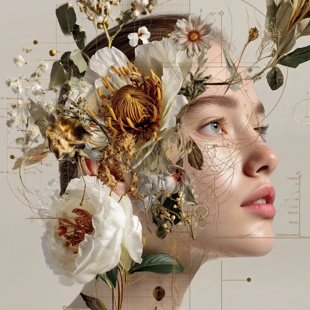 A woman's face is seamlessly blended with an array of delicate, dried flowers and foliage in a surreal artwork.  The flowers, in muted golds and whites, appear to grow from her head and neck.  Geometric linework overlays the image, creating a sense of structure and design amidst the organic elements. The overall aesthetic is elegant and dreamlike, blending natural beauty with precision and artistry.