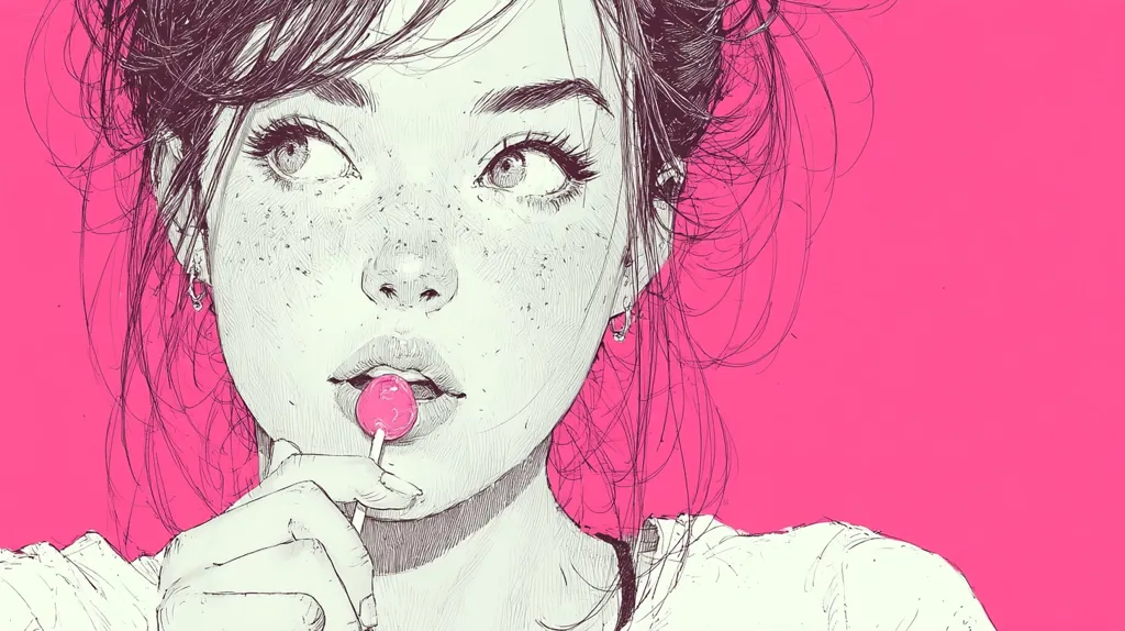 A detailed line drawing of a young woman with freckles, her hair pulled back, is set against a vibrant pink background. She holds a pink lollipop, her gaze directed slightly upward and to the side. The style is reminiscent of contemporary illustration, emphasizing fine lines and subtle shading.  Her expression is soft and contemplative.