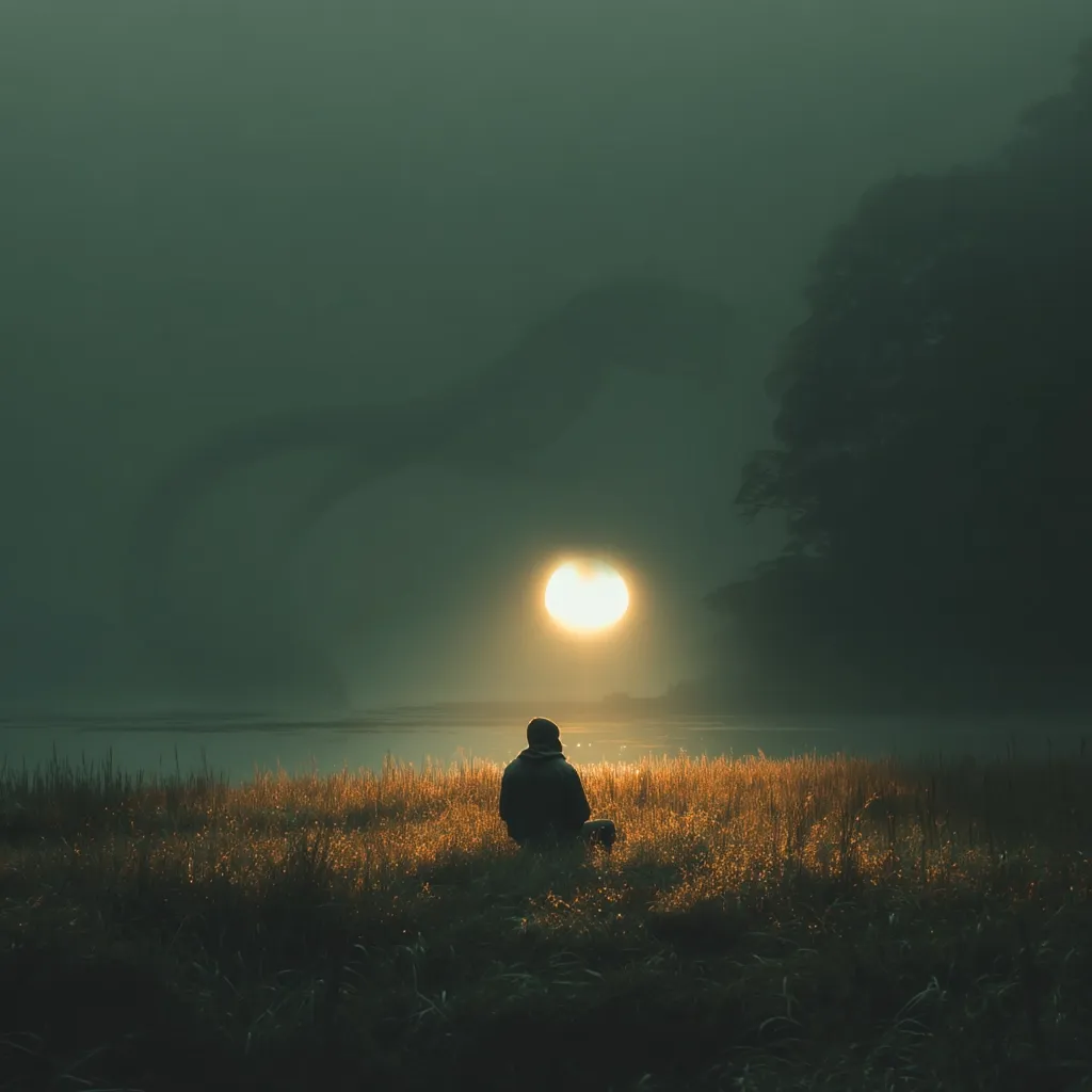 A solitary figure sits in a field of tall grass, silhouetted against a hazy, muted sunrise.  The low-hanging sun appears as a large, pale orb above a calm body of water.  A dark, shadowy landmass rises in the background, shrouded in mist, creating a serene yet melancholic atmosphere. The overall tone is dark and moody, emphasizing the solitude of the scene.