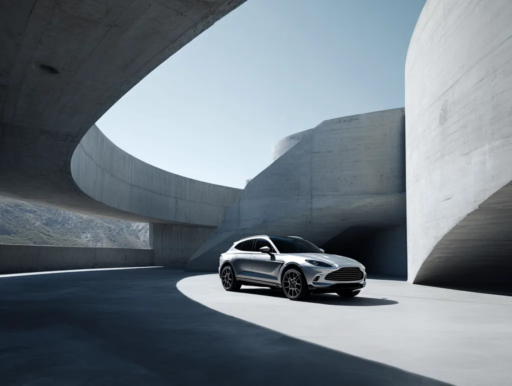 A silver Aston Martin DBX SUV is parked in a minimalist, modern concrete structure.  The architecture features curving walls and high ceilings, creating a dramatic backdrop for the vehicle.  Natural light casts shadows, highlighting the car's sleek design and the building's clean lines. The scene is serene and emphasizes the car's sophisticated aesthetic.