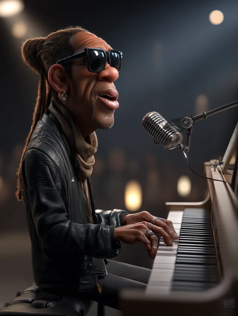 A stylized 3D rendering depicts a caricature of Ray Charles, the legendary musician.  He's seated at a grand piano, wearing sunglasses, a leather jacket, and a scarf. His exaggerated features and expressive pose convey his musical intensity.  A vintage microphone stands ready, capturing his soulful performance in a dimly lit, atmospheric setting.  The image's style blends realism with cartoonish exaggeration, creating a striking portrait.