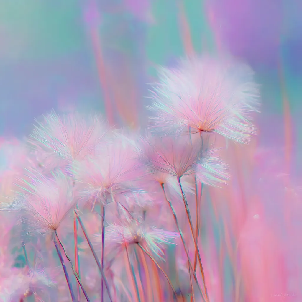 A dreamy image of pastel-colored dandelion-like flowers against a soft, blurred background.  The flowers are various shades of pink and white, their delicate seed heads catching the light.  The overall effect is ethereal and whimsical, creating a serene and peaceful mood. The colors are slightly iridescent, adding to the magical quality of the scene.