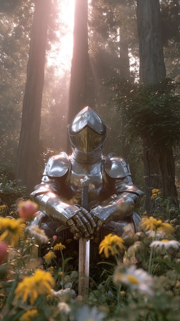 A knight in shining armor sits amidst a sun-dappled forest clearing, surrounded by wildflowers.  His hands rest on the hilt of his sword, which is planted in the ground before him. The scene evokes a sense of peace and solitude, contrasting the warrior's formidable presence with the delicate beauty of nature.  Golden sunlight filters through the trees, casting a mystical glow.