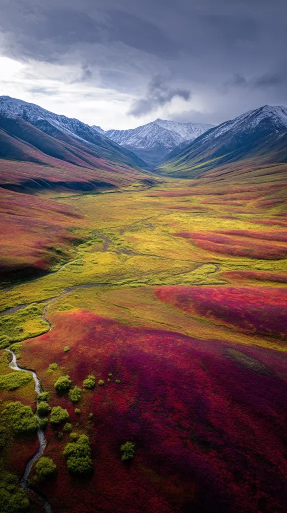 An aerial view reveals a breathtaking valley nestled between snow-capped mountains.  The valley floor is a vibrant tapestry of crimson and gold hues, created by autumnal vegetation. A small stream meanders through the colorful landscape, contrasting with the deep reds and yellows of the surrounding hills.  The scene is dramatic, showcasing the beauty of a mountainous region in the fall.