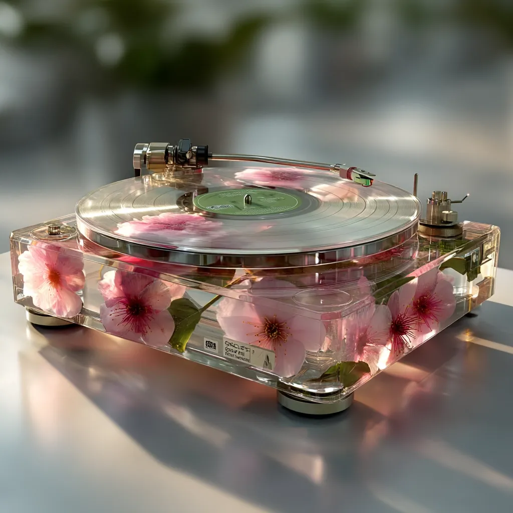 A record player encased in clear resin, adorned with delicate pink cherry blossoms. The turntable is in focus, showcasing a vinyl record playing. The resin base beautifully preserves the flowers, creating a unique and aesthetically pleasing combination of technology and nature.  Soft lighting enhances the overall delicate and artistic impression.