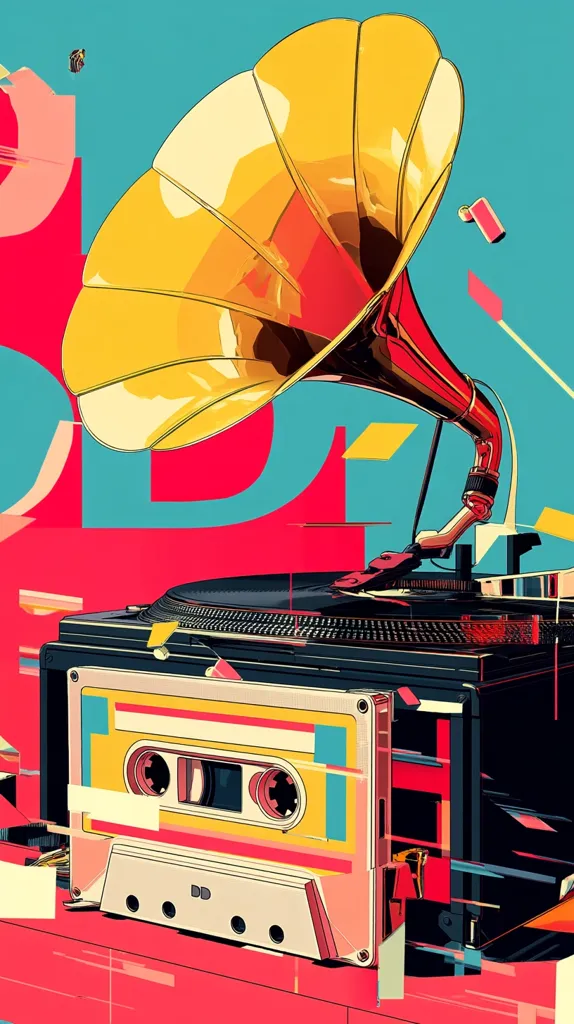 A vibrant, stylized illustration showcases a vintage gramophone's horn, positioned above a turntable and cassette tape.  Bold, geometric shapes in red, yellow, and teal create a dynamic background. The image blends retro audio technology with a modern, abstract art style, suggesting a nostalgic yet contemporary feel.  The cassette tape's prominent placement emphasizes the interplay between older and newer music formats.