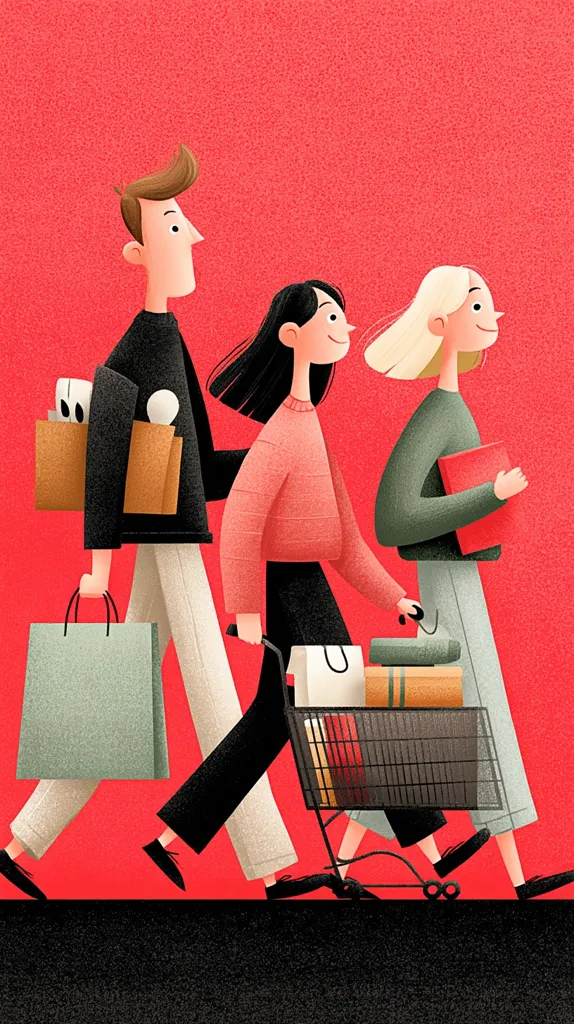 A stylized illustration depicts three individuals, a man and two women, strolling along against a vibrant red backdrop.  They carry shopping bags and a shopping cart laden with purchases. The style is minimalist, with simplified forms and a textured, almost grainy effect. The color palette is limited, emphasizing the figures and their shopping against the bold red background.  The scene conveys a sense of casual shopping and companionship.