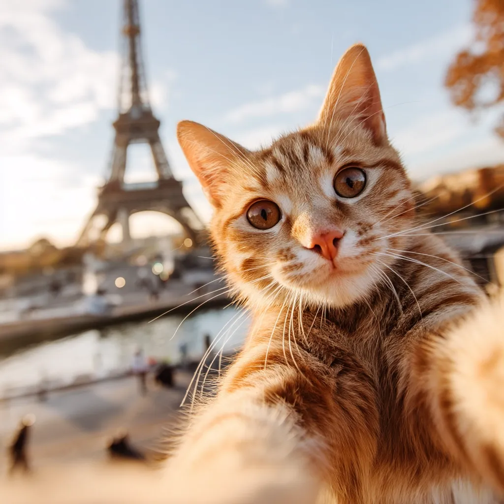 A ginger kitten takes a selfie with the Eiffel Tower in the blurred background.  The cat is in sharp focus, its paws extended towards the camera, creating a playful and intimate perspective. The Parisian setting adds a charming backdrop to this adorable feline portrait. The warm lighting suggests a sunny day.