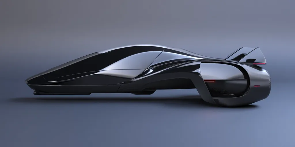 A sleek, futuristic black vehicle is showcased against a muted gray backdrop. Its design is aerodynamic, low to the ground, with a smooth, curved body.  The car's form suggests speed and efficiency, embodying a modern, minimalist aesthetic.  The image emphasizes the vehicle's glossy finish and its unique, enclosed wheel design.