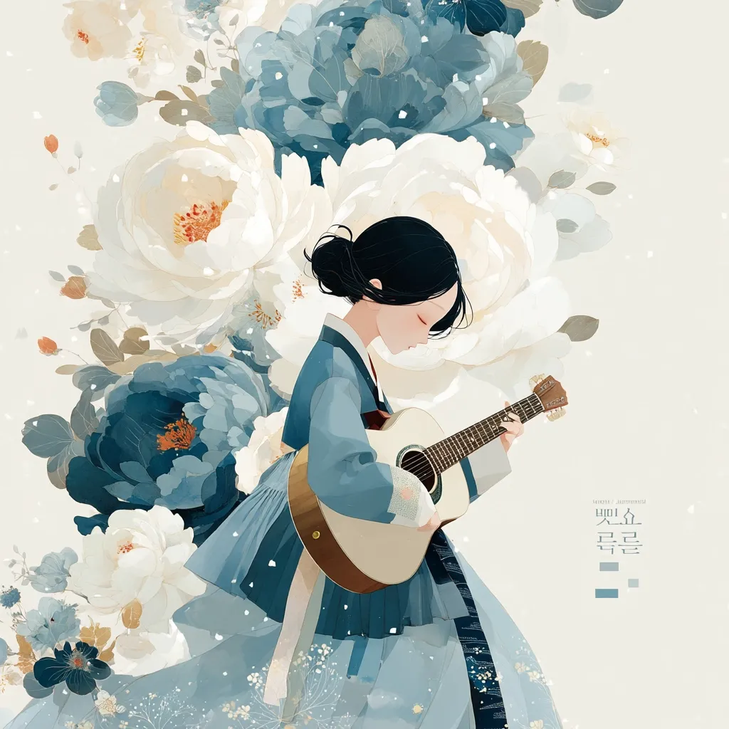 A young woman, dressed in a pale blue hanbok, plays a light-colored acoustic guitar.  She is surrounded by large, stylized peonies in shades of white and blue.  The overall style is soft, dreamy, and painterly, with a delicate use of color and light. Snow-like specks add to the ethereal atmosphere. The scene evokes a sense of calm and peaceful beauty.