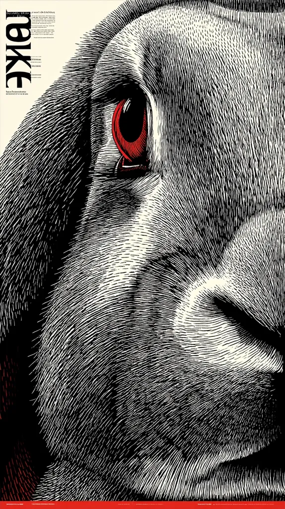 A close-up, black and white illustration of a rabbit's face, rendered in a detailed, cross-hatched style.  The rabbit's eye is strikingly red, contrasting sharply with the monochrome fur. The texture of the fur is meticulously depicted, creating a sense of depth and realism.  The image is bold and graphic, possibly a poster or book cover.