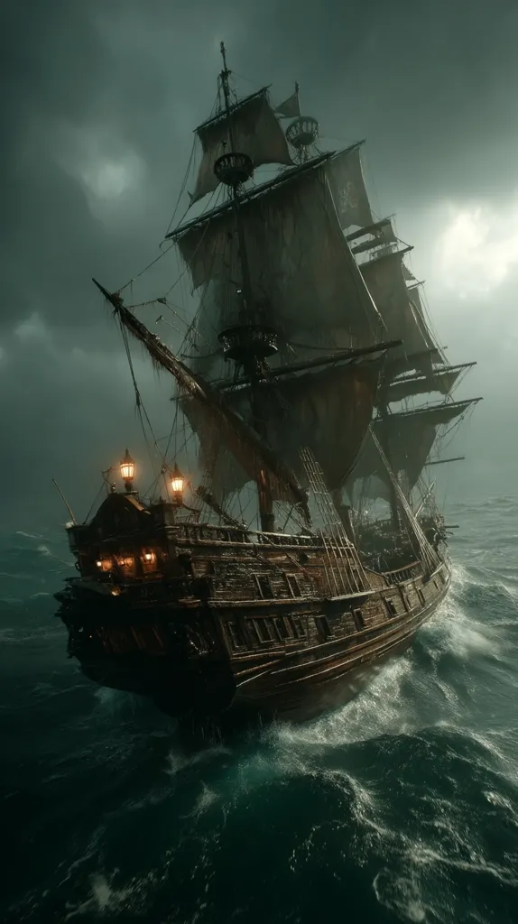 A weathered galleon sails through a tempestuous sea under a brooding sky.  Lanterns illuminate the ship's stern, casting a warm glow against the dark, menacing waves.  The sails are tattered and worn, suggesting a long and arduous journey.  The overall atmosphere is one of mystery and adventure, evocative of a classic pirate tale.