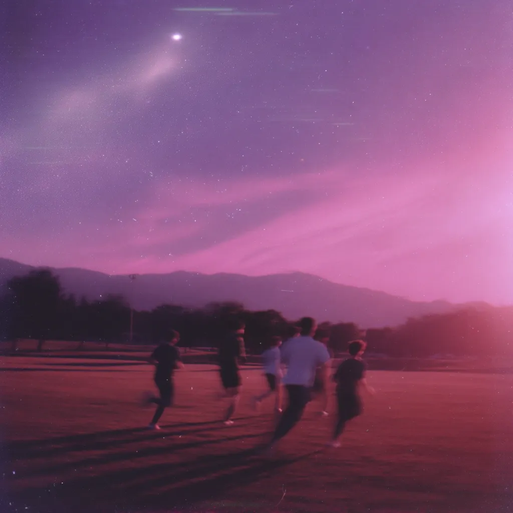 A group of blurry figures run across a field at sunset under a vibrant purple sky.  The silhouettes are indistinct, their movements suggesting a playful chase or race.  Mountains are visible in the distance, and a faint comet streaks across the twilight sky, adding a dreamy, ethereal quality to the scene.  The overall atmosphere is nostalgic and peaceful.