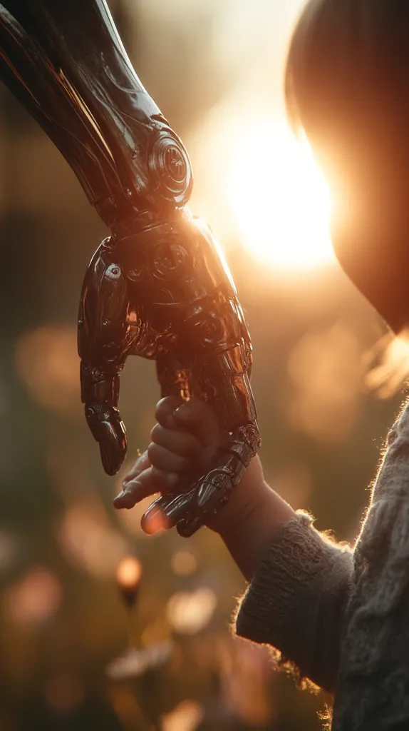 A robotic hand and a child's hand gently clasp together, bathed in the warm glow of a setting sun.  The metallic sheen of the robot contrasts sharply with the soft skin of the child.  The blurred background suggests an outdoor setting, perhaps a field or garden.  The image evokes themes of connection, technology, and the future.