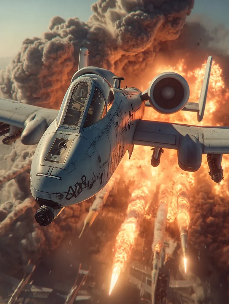 A weathered A-10 Thunderbolt II attack aircraft, heavily marked with battle damage, flies low amidst a fiery explosion and billowing smoke.  Multiple rockets trail bright orange flames below, suggesting a recent strike. The scene is dynamic, conveying the intensity of aerial combat. The aircraft's cockpit is visible, adding a sense of immediacy to the action.
