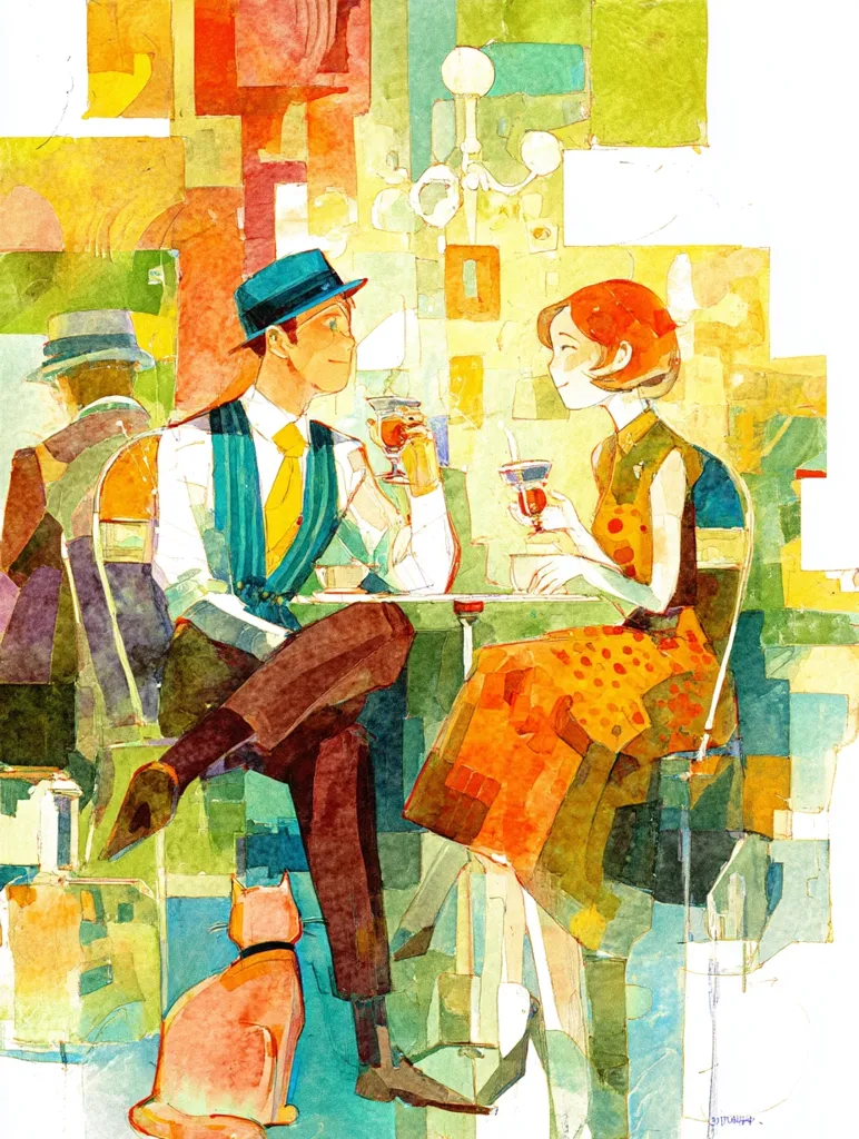 A watercolor painting depicts a stylishly dressed couple enjoying drinks at a cafe.  The man, in a hat and teal scarf, sits opposite a woman in a polka-dot dress.  Their expressions suggest intimate conversation. The setting is vibrant and abstract, with bold colors and geometric shapes representing the cafe's interior. A ginger cat sits calmly near their feet. The overall mood is cheerful and nostalgic.