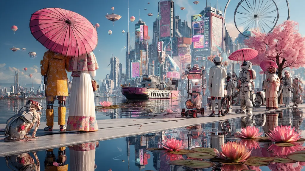 A futuristic cityscape reflects in calm water, punctuated by pink lotus blossoms.  Two figures in traditional East Asian attire, holding a pink parasol, stroll with a robotic companion.  A group of astronauts and other individuals stand nearby under pink umbrellas, near a pink ferry.  Hot air balloons and flying vehicles fill the sky above the vibrant, neon-lit city.  The scene blends traditional and futuristic aesthetics in a harmonious, peaceful composition.