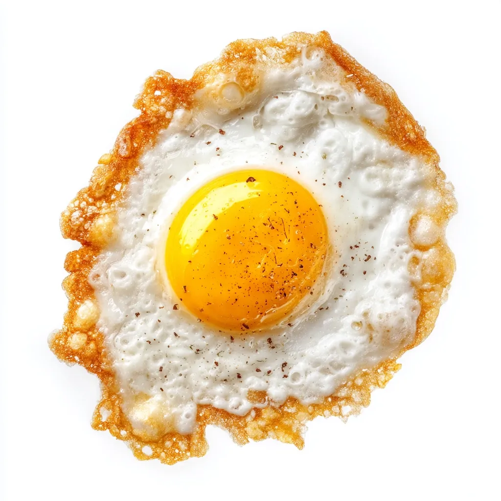 A perfectly fried egg, sunny-side up, is presented against a stark white background.  The yolk is vibrant yellow, glistening with a subtle sheen.  The white is cooked to a delicate crisp, with slightly browned edges.  A sprinkle of seasoning adds a touch of flavor.  The overall image is crisp and detailed, highlighting the texture and color of the egg.