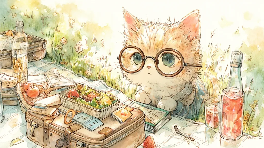A watercolor painting depicts a cute, bespectacled ginger kitten at a picnic.  Surrounding the kitten are picnic items: a lunchbox with salad, drinks in bottles and glasses, books, and a vintage suitcase. The scene is set in a sunny, grassy area, with wildflowers adding to the idyllic setting.  The overall style is whimsical and charming.