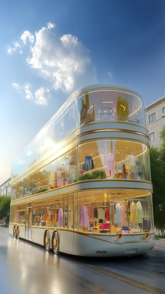 A double-decker bus, seemingly a mobile boutique, is parked on a city street. Its exterior is predominantly white with gold accents, and large glass panels reveal a stylish clothing display inside.  The bus appears modern and luxurious, showcasing clothes on racks and mannequins. The sunny sky and slight wetness on the road suggest a pleasant day.