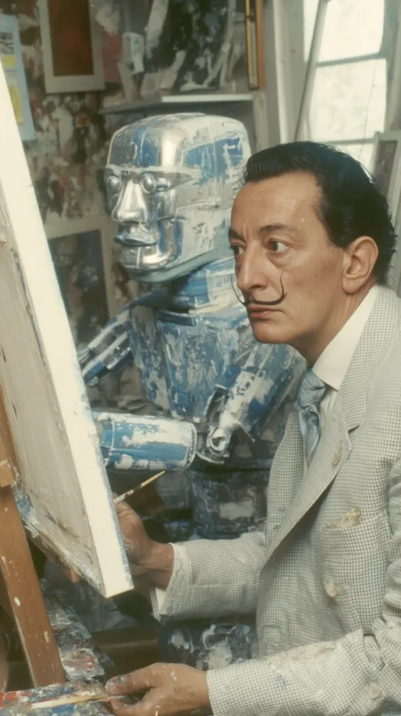 Salvador Dalí, the renowned surrealist painter, is captured in his studio, meticulously working on a canvas.  Behind him stands a large, metallic robot sculpture, painted in shades of blue and white, a testament to his artistic explorations beyond traditional mediums. The scene is cluttered with various artworks and objects, reflecting the vibrant and eccentric atmosphere of Dalí's creative space.  His iconic mustache is prominently displayed as he focuses intently on his painting.