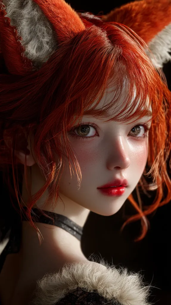 A digital portrait of a young woman with vibrant red hair styled with fox-like ears.  Her skin is pale and flawless, accented by rosy cheeks and bright red lips. She has large, expressive eyes.  The image is highly detailed, showcasing realistic hair texture and soft lighting. The overall style is ethereal and slightly whimsical.