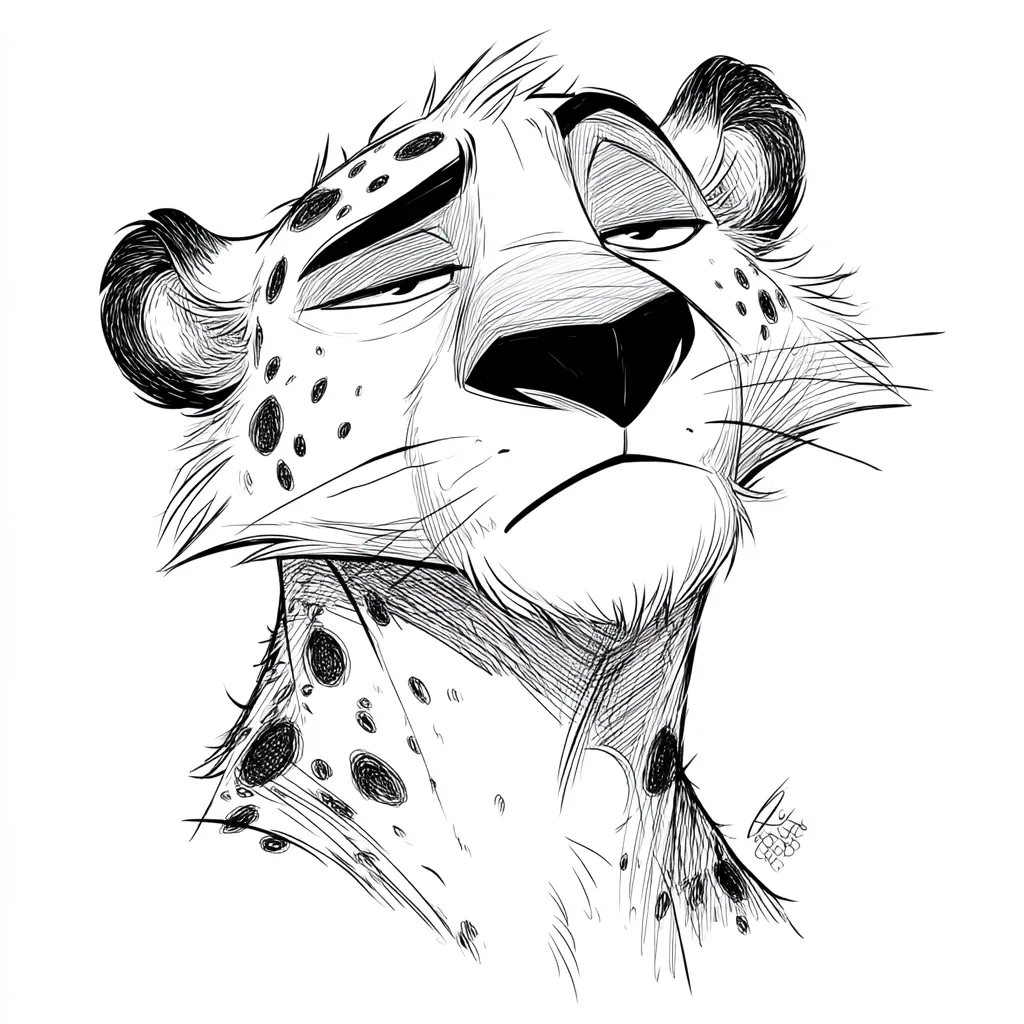 A stylized black and white drawing of a cheetah's head and neck.  The cheetah is depicted with a slightly aloof expression, its eyes half-closed and its gaze directed upwards.  The artist uses fine lines to create texture in the fur and spots, giving a sense of depth and movement. The style is reminiscent of animation or comic book art.